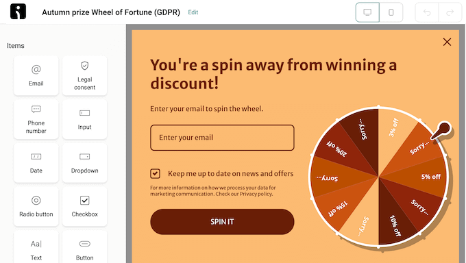 An example of a gamified popup