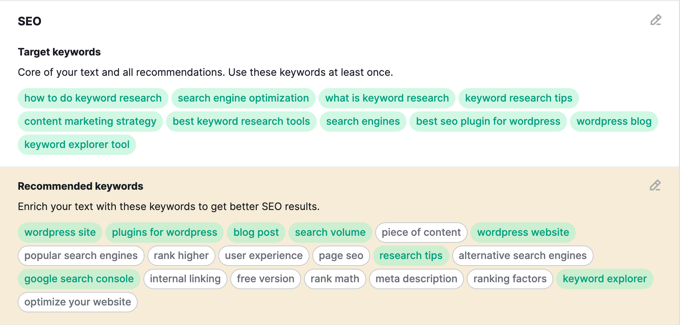 Generating semantically related keywords using an SEO platform