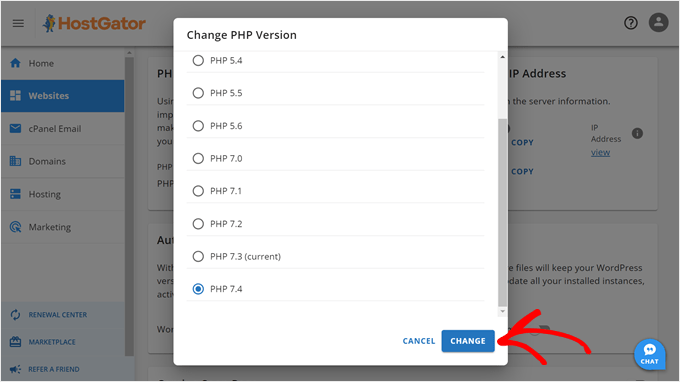 Changing the PHP version in HostGator