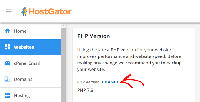 Clicking the Change button in the PHP Version section inside HostGator