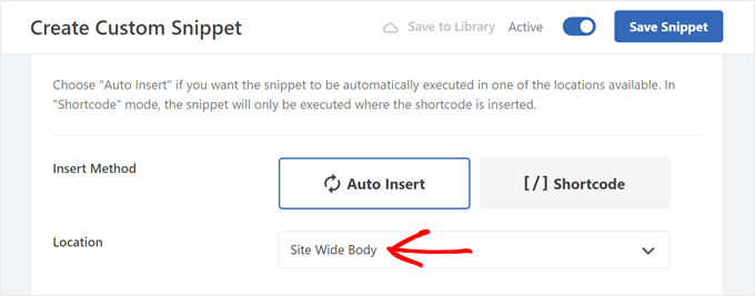 Choosing Auto Insert and Site Wide Body for the code's Insertion settings in WPCode