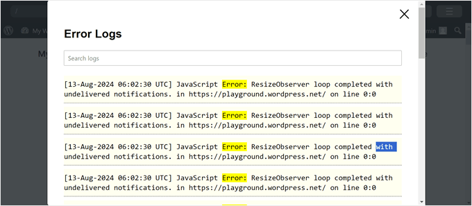 Viewing error logs in WordPress Playground