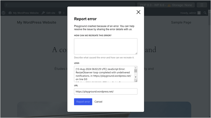 Reporting an error in WordPress Playground