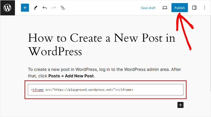 Adding the WordPress Playground iFrame code in the block editor