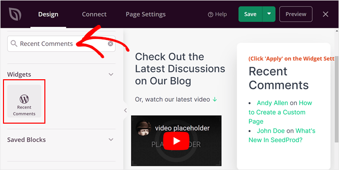Finding the Recent Comments widget in SeedProd