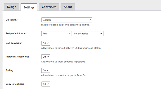 Configure the recipe card's settings