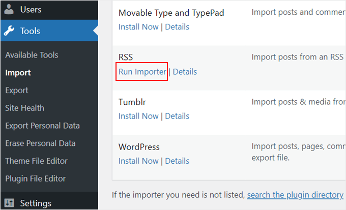 Clicking the Run Importer button in WordPress