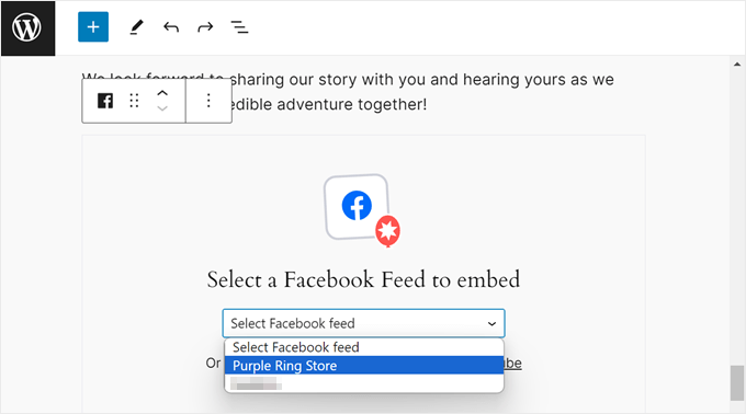Choosing a Smash Balloon Facebook Feed to embed in the block editor