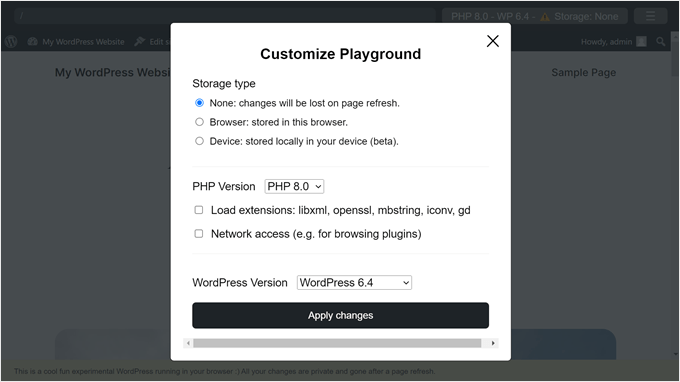 Customizing the WordPress Playground settings