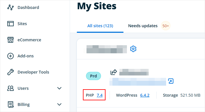 Clicking the PHP number link in WP Engine