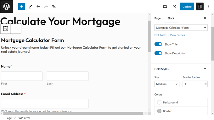 The WPForms block settings sidebar in the block editor