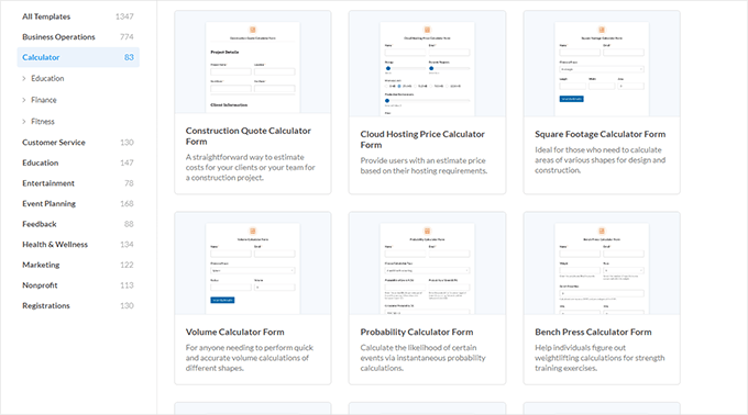 WPForms calculator templates