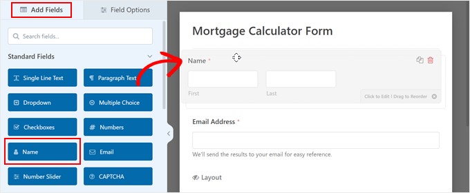 Dragging and dropping the Name field to the form in WPForms