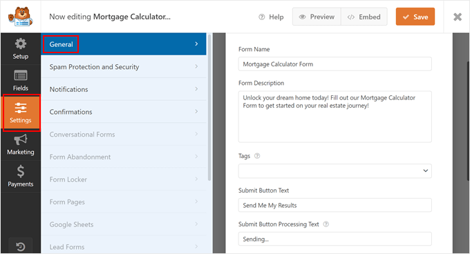 Configuring the WPForms General settings in the Settings tab