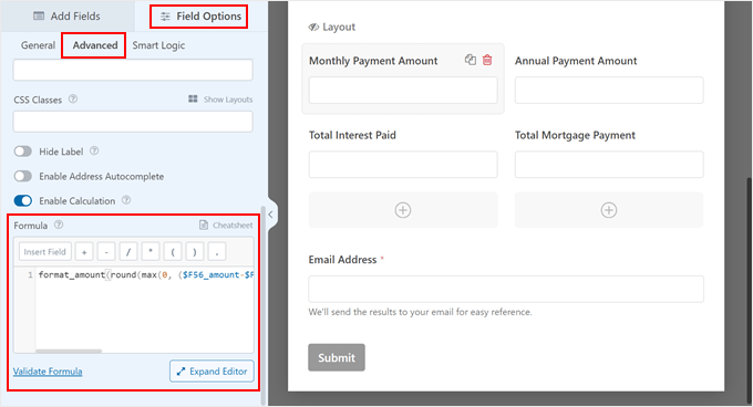 The mortgage calculation formula in the WPForms mortgage calculator form template