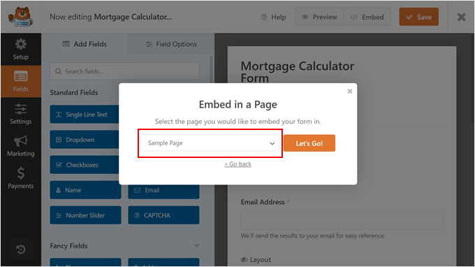 Choosing an existing page to embed WPForms in