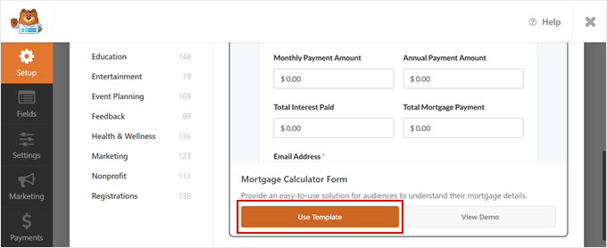 Clicking the Use Template button in WPForms