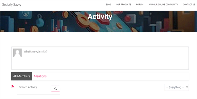 Activity page preview on social media website