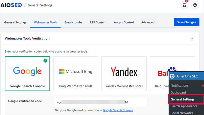 All in One SEO - Google Search Console verification