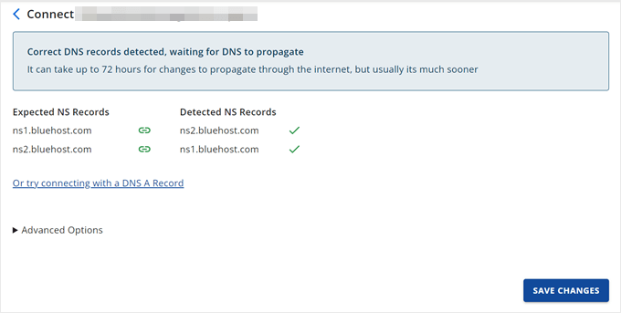 Finishing the setup for adding an external domain in Bluehost