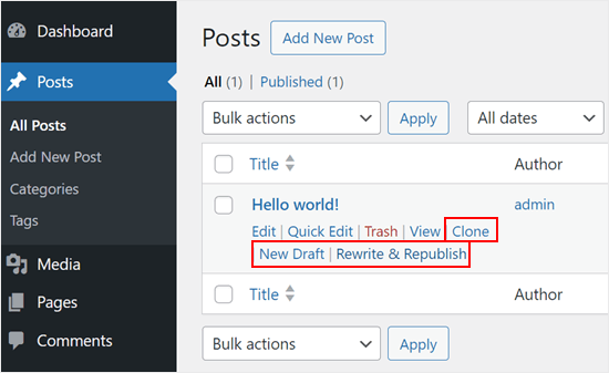 The Duplicate Post menu options below a blog post in the WordPress admin