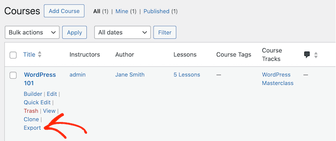 Exporting e-Learning courses from the WordPress dashboard