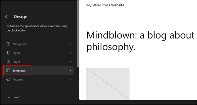Selecting the Templates menu in WordPress Full Site Editor