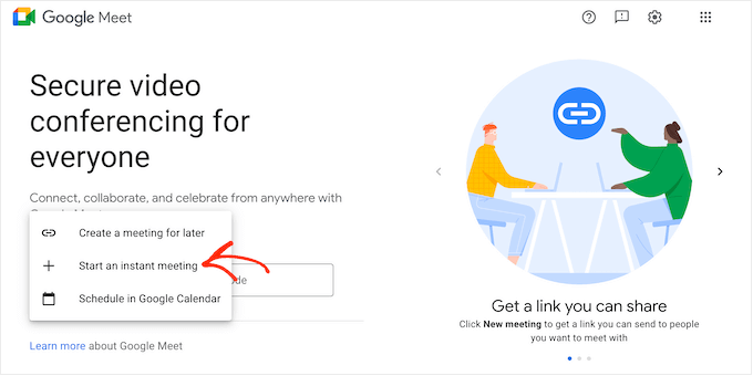 Creating an instant meeting in Google Meet