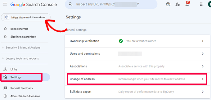 Google Search Console Change of Address tool