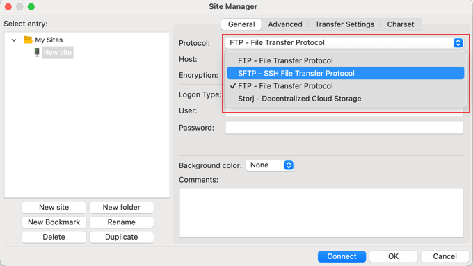 Selecting the SFTP Protocol in FileZilla