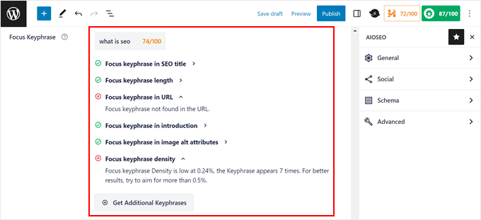 Entering a focus keyphrase in AIOSEO