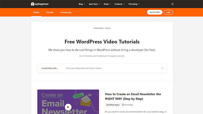 WPBeginner video membership site homepage