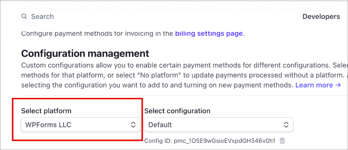 Select platform in Stripe settings