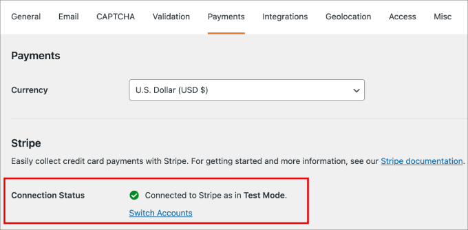 WPForms connection status confirmed