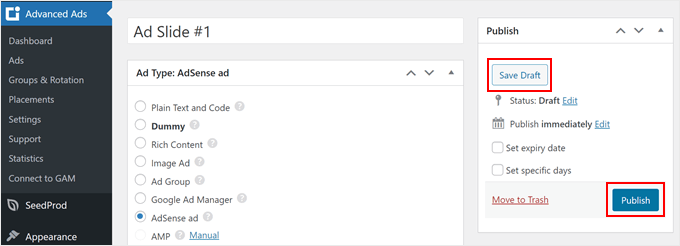Saving and publishing the ad you created with Advanced Ads