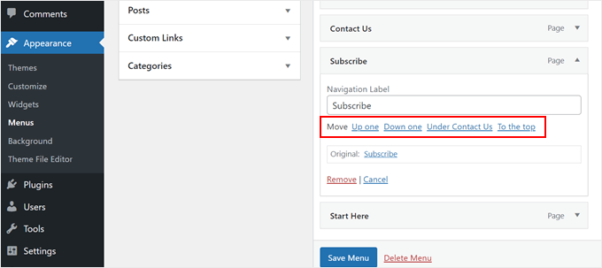 Rearranging the menu structure in the WordPress Menu Editor