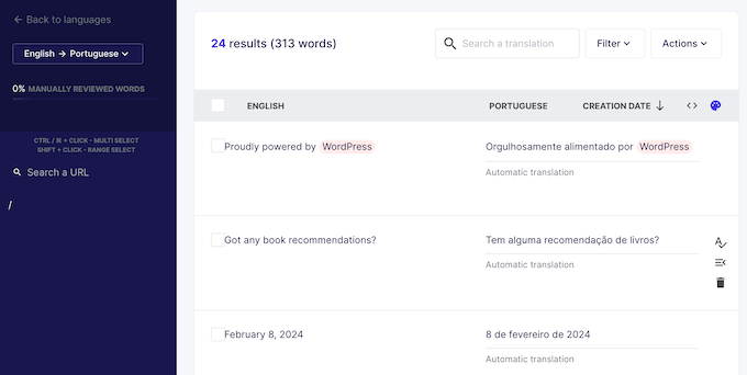 The Weglot translations dashboard