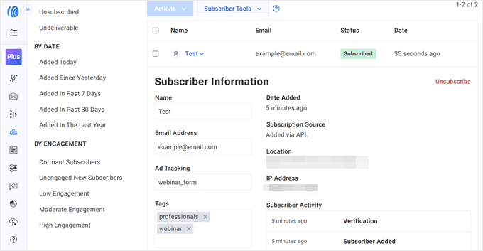 Test subscriber information captured with OptinMonster, viewed in AWeber