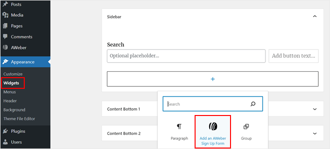 Selecting the AWeber widget and adding it to a sidebar