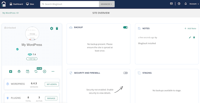 The BlogVault backup dashboard