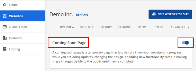 Enabling the coming soon mode in Bluehost