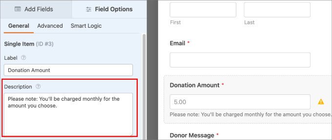 field options descriptions wpforms