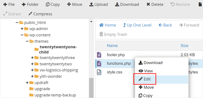Editing a functions.php file in Bluehost file manager