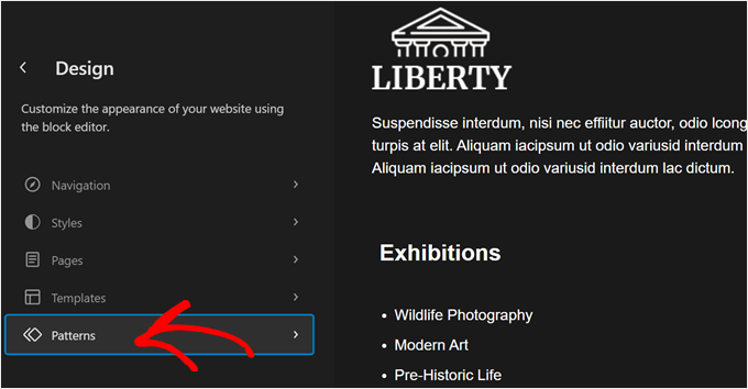 Clicking the Patterns menu in Full Site Editor