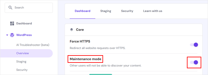 Enabling maintenance mode in Hostinger