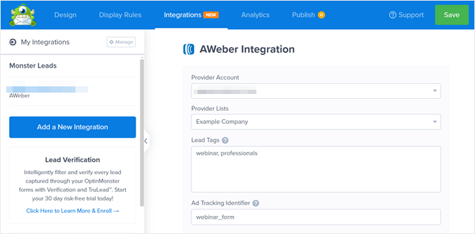 Filling in the AWeber lead tags and ad tracking identified in OptinMonster