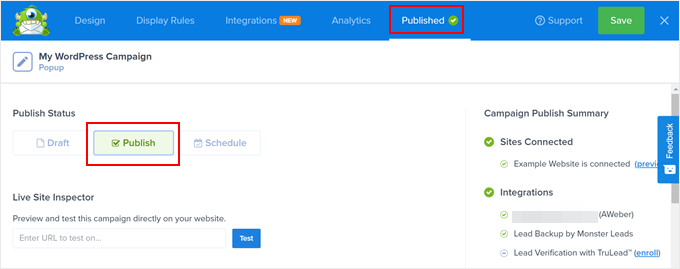 Publishing an OptinMonster campaign
