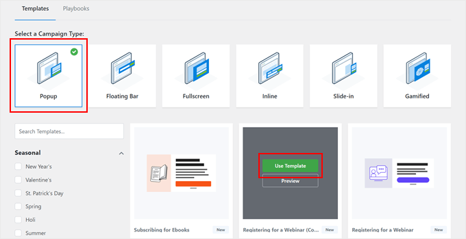 Choosing a campaign type and template in OptinMonster