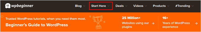 The Start Here menu item in WPBeginner's menu