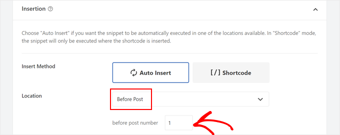 Choosing Before Post location for taxonomies in WPCode